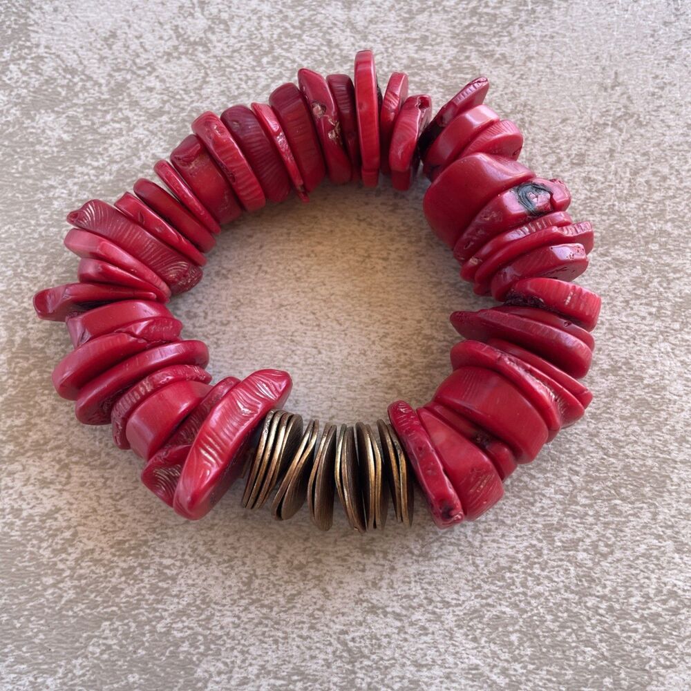 Red Coral Gold Metallic Discs Stretch Bracelet Chunky Artsy Discs Chips